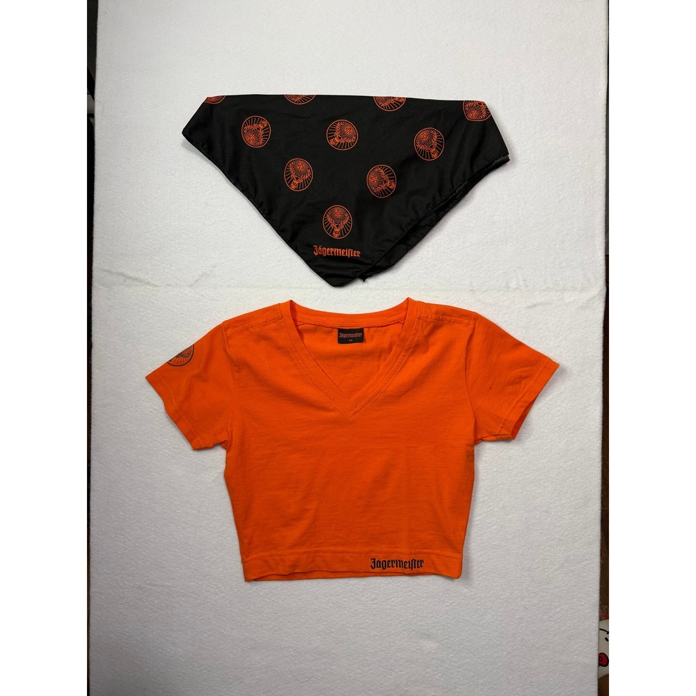 VTG Y2K Jagermeister Orange V Neck Crop Top Baby Tee &‎ Matching Bandana Set M